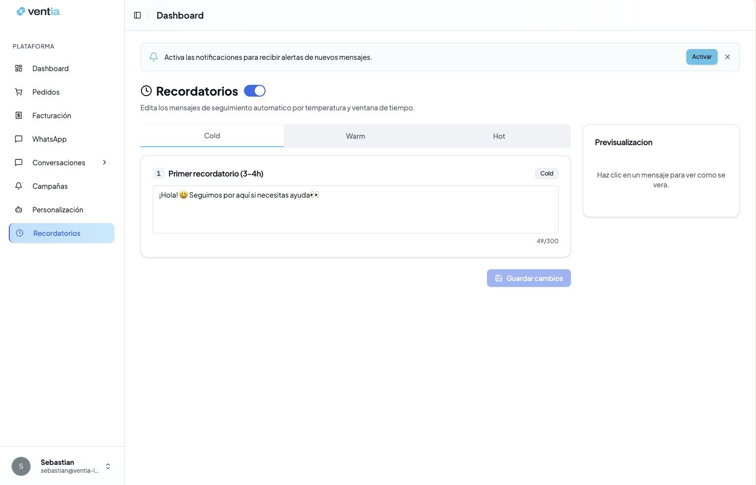 Editor de recordatorio — pestaña Cold activa con previsualización en tiempo real