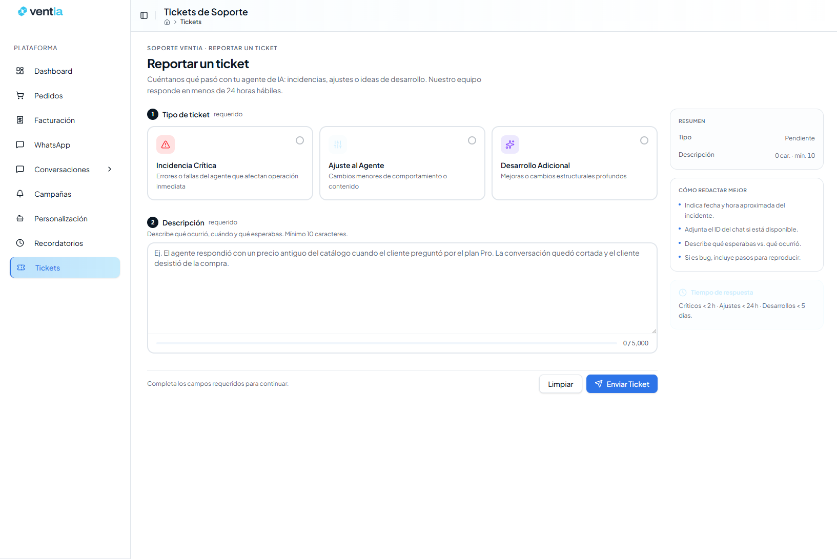 Formulario de creación de ticket — tipo, título, descripción y campos condicionales